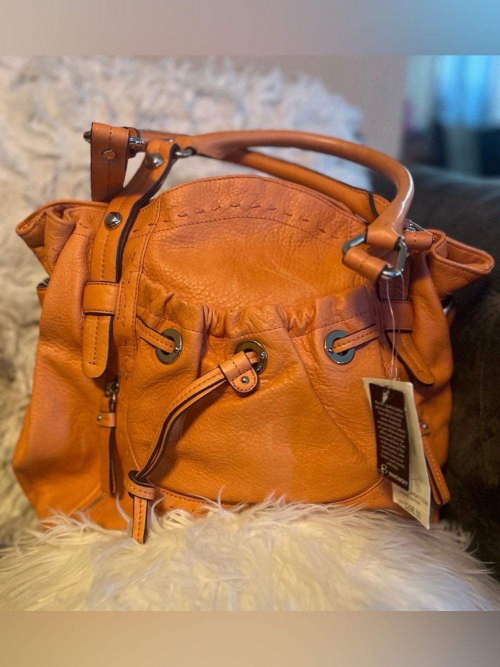 🔥B. Makowsky Orange Leather Drawstring Tote Shoulder Bag - Picture 3 of 7